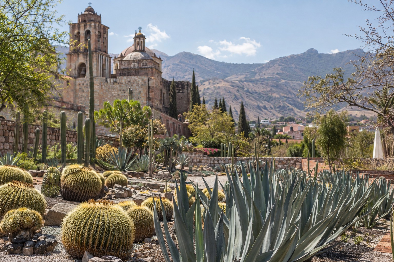 Rows of cactus and succulents growing in a desert botanical garden under bright sun