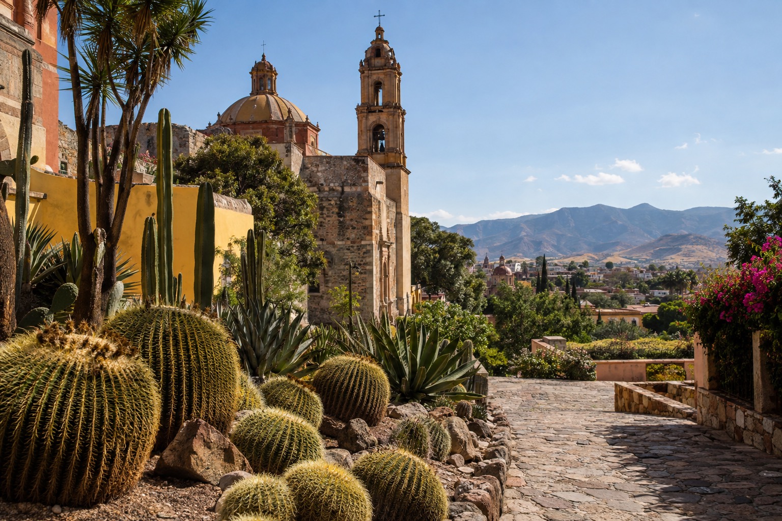Barrel cacti and succulents along a garden path under a clear blue sky