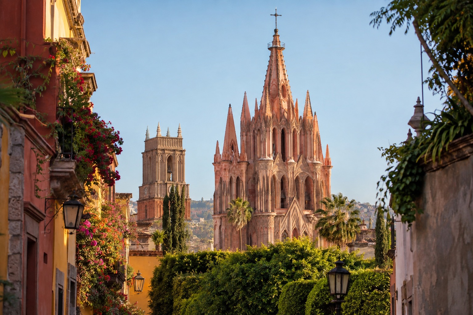 Pink neo-Gothic towers of a parish church rising above a tree-lined plaza in San Miguel de Allende