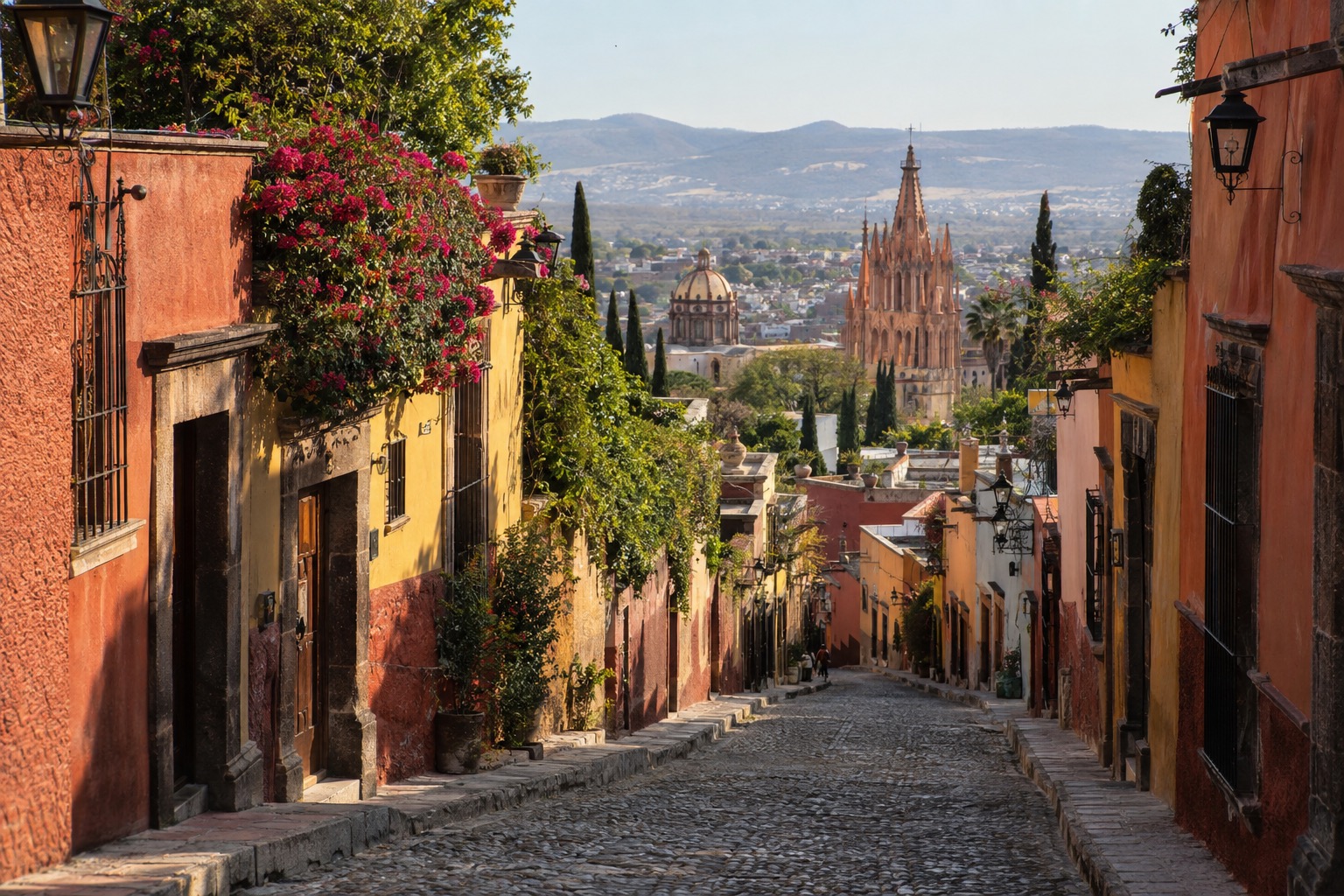 Steep cobbled street lined with colonial facades in the historic center of San Miguel de Allende