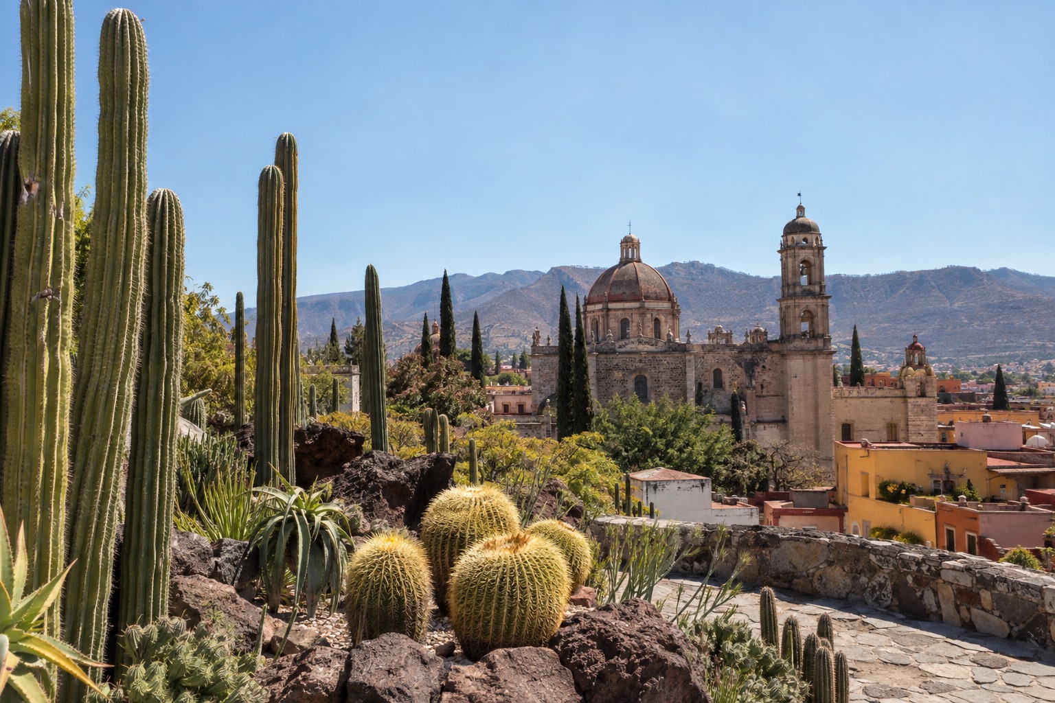 Tall columnar cacti and barrel cacti in a botanical garden under a clear sky