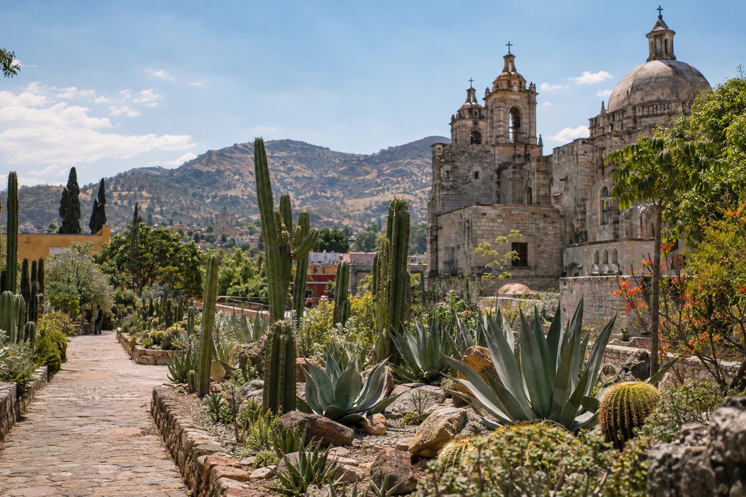 Rows of cactus and succulents along a garden path in a botanical reserve