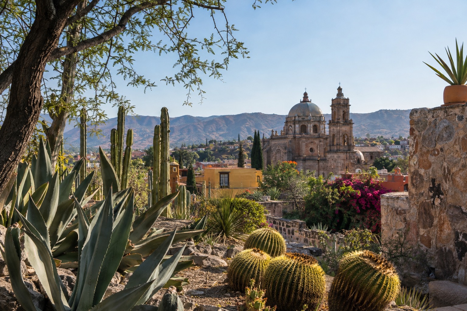 Cactus and succulent plants in an open botanical garden