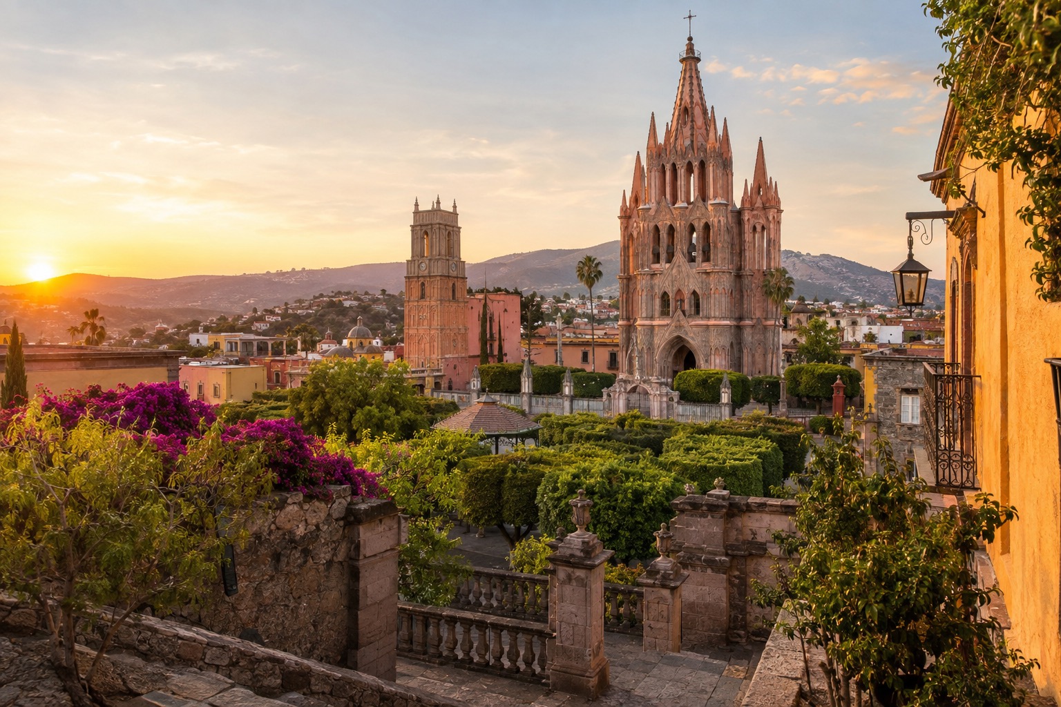 Pink neo-Gothic church towers above a tree-lined colonial plaza in warm evening light