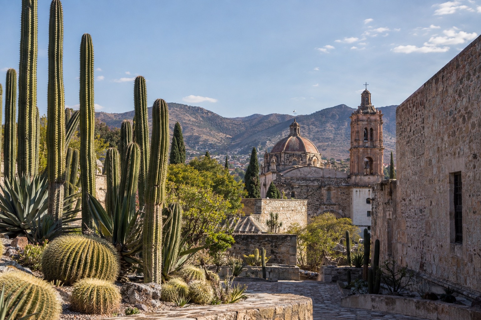 Tall columnar cacti and round succulents in a botanical garden under open sky