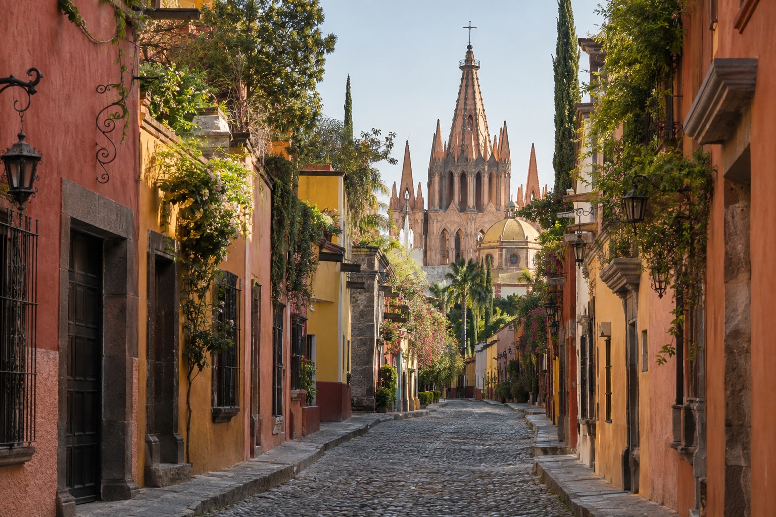 Cobbled colonial street with painted facades and a church tower at the end in San Miguel de Allende