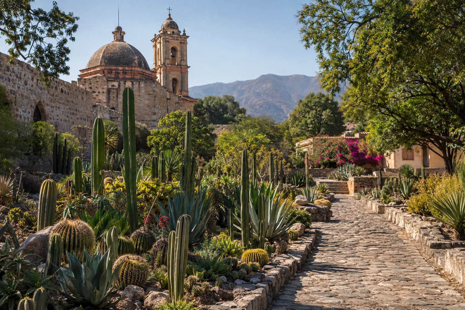 Rows of cactus and succulents in a botanical garden with a stone path