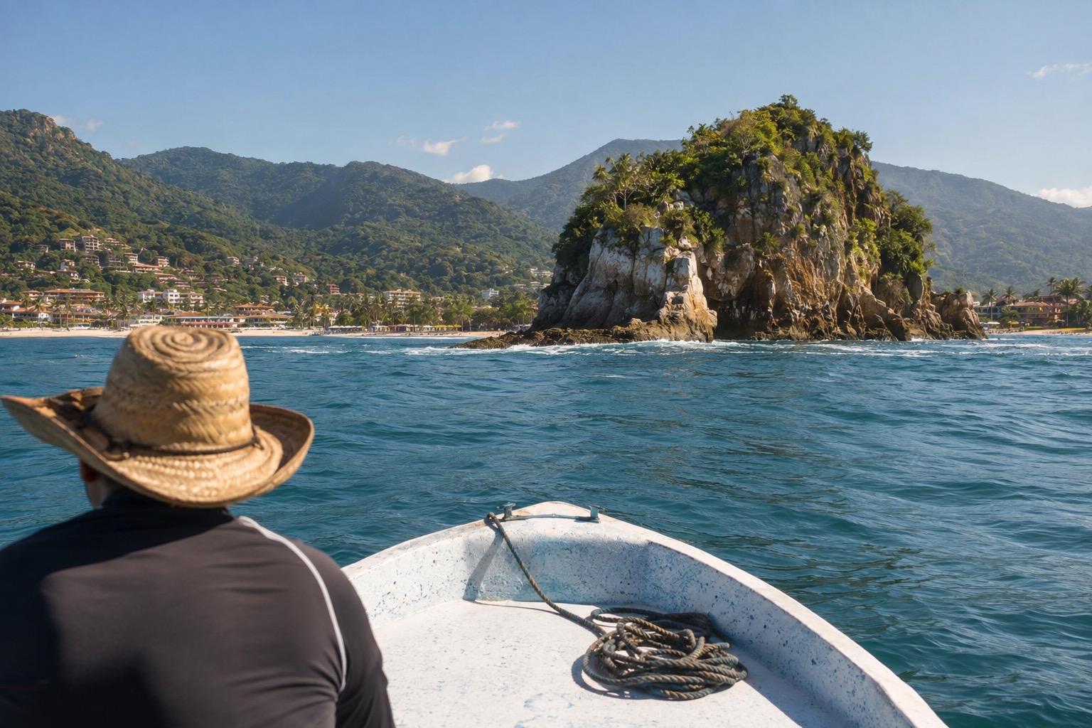 A small open boat crossing turquoise water toward a rocky island under a clear sky