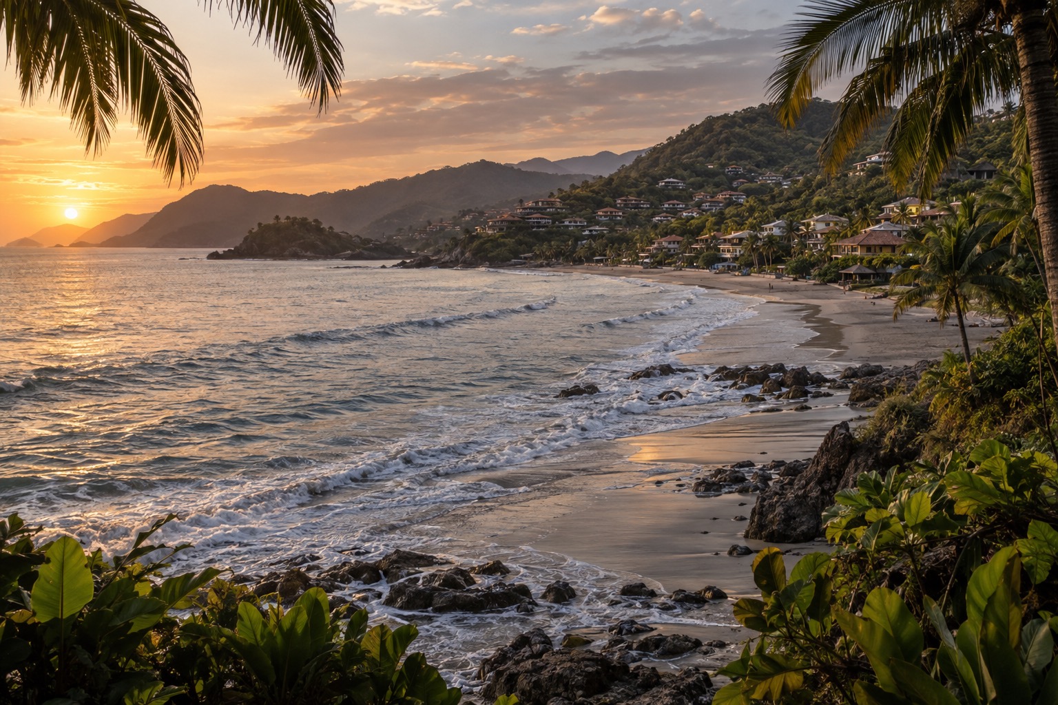 Palm-fringed surf beach on Mexico's Pacific coast in low evening light