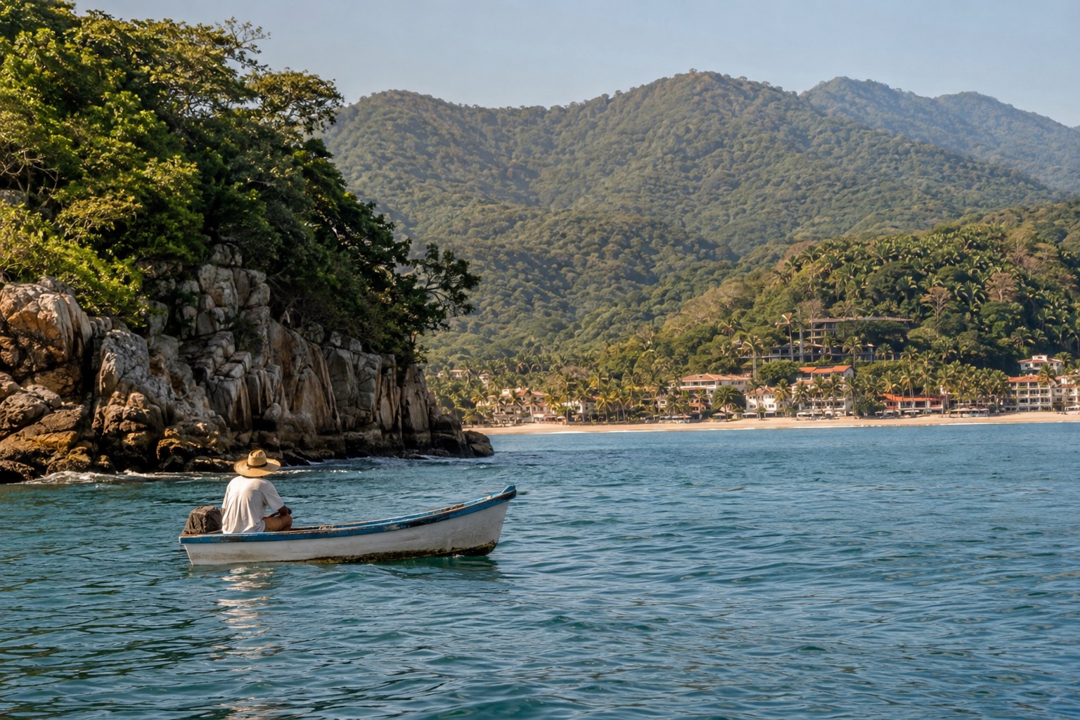 Small wooden boat on calm turquoise water near a rocky island