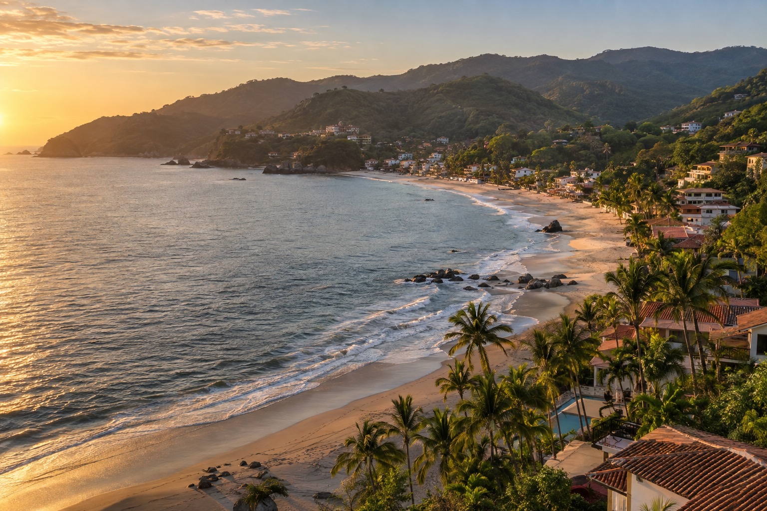 Late afternoon light over a curved sandy beach with low surf and palm trees behind it