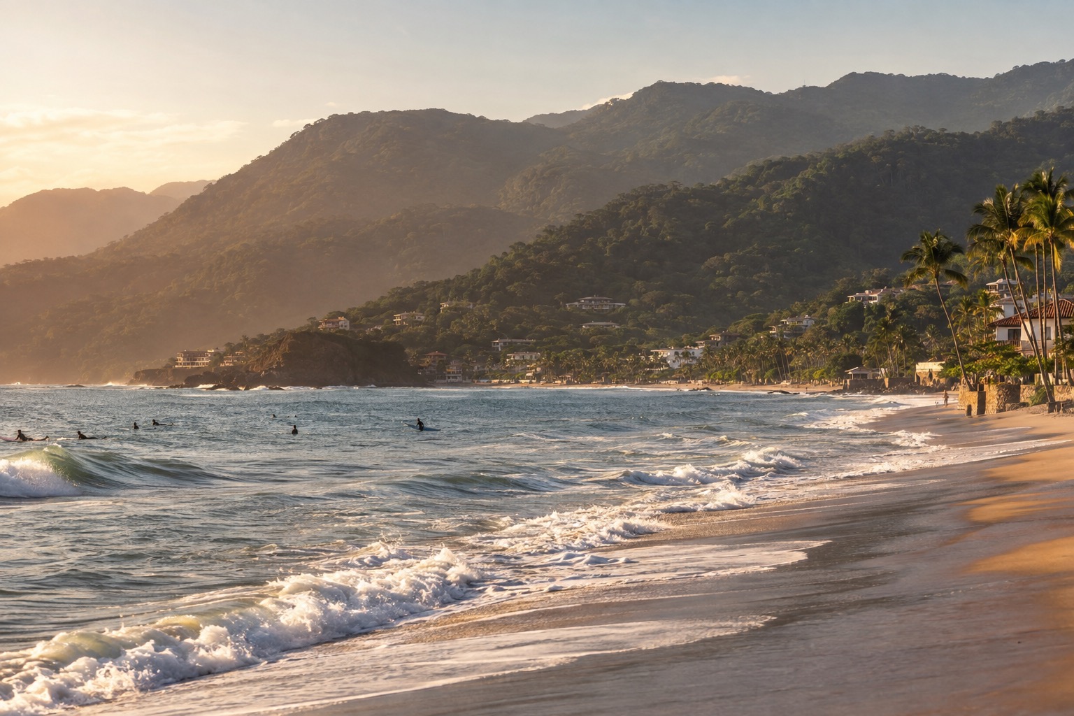A curving Pacific beach with surfers in the water and palm trees behind the sand