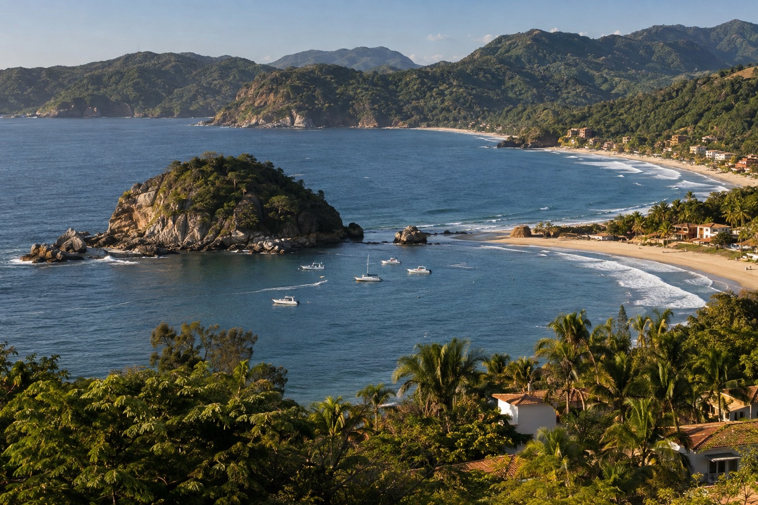 Small boats near a rocky island with a sheltered beach in clear blue water