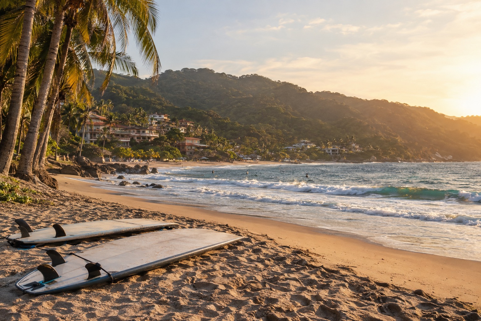 Palm-fringed curve of beach with small waves and surfboards resting on the sand