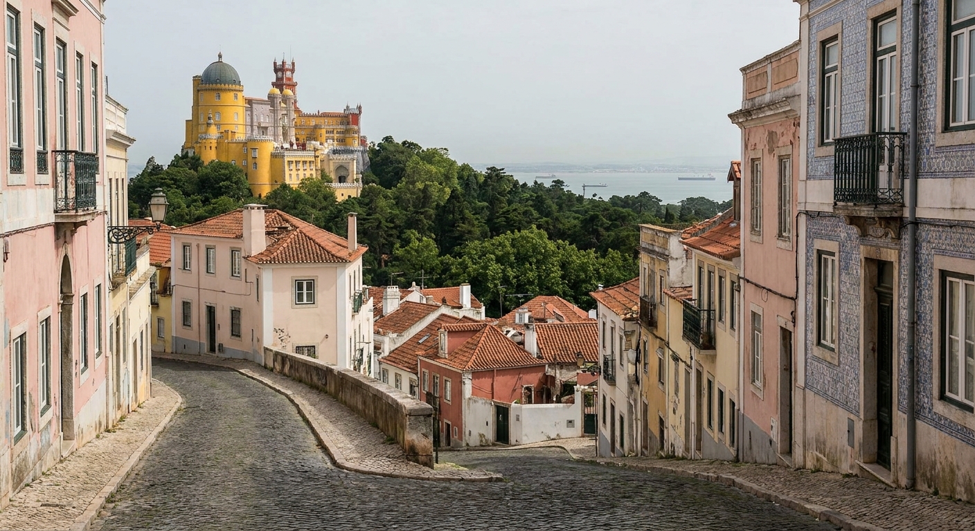 Yellow and red towers of a hilltop palace rising above dense wooded slopes in summer haze
