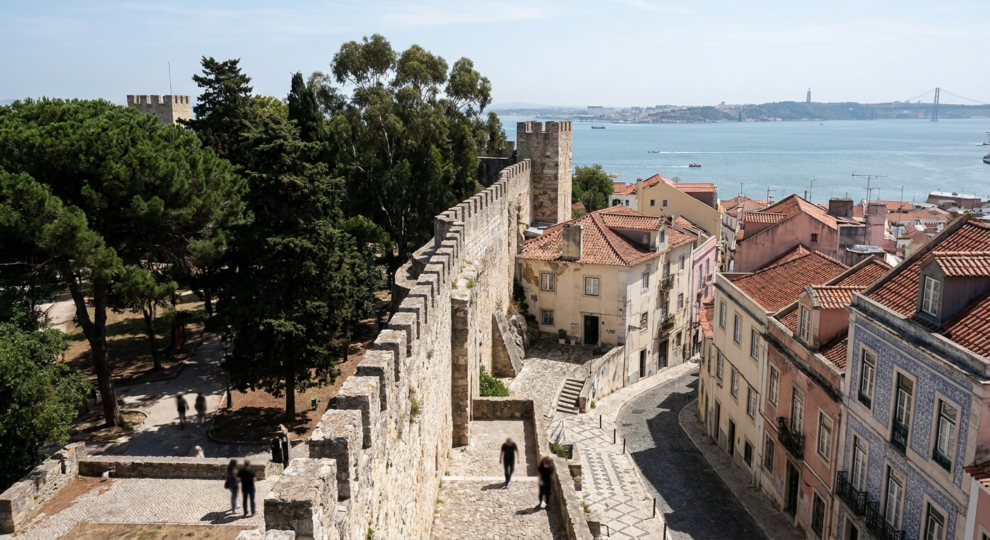 Stone battlements of a hilltop castle wall descending through pine and eucalyptus woodland