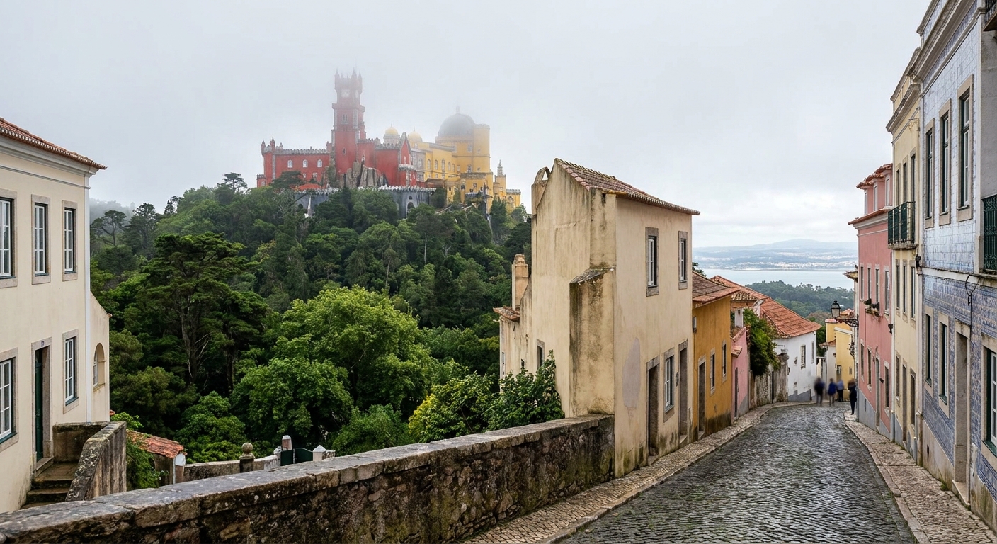 The red and yellow towers of Pena Palace rising above mist in the wooded Sintra hills