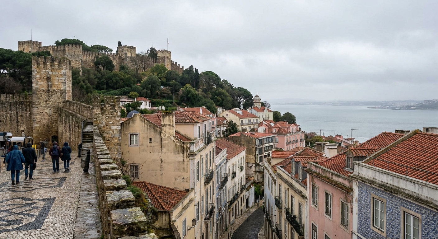 Stone battlements of the Moorish Castle running along a wooded ridge under low cloud