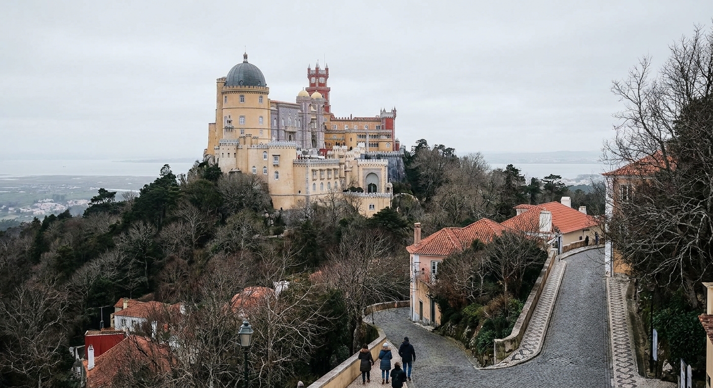 Pena Palace on its hilltop above bare winter trees in the Serra de Sintra