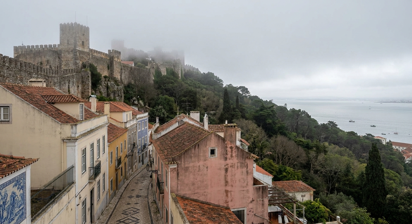 Pena Palace's red and yellow towers rising above wooded hillside under low gray cloud