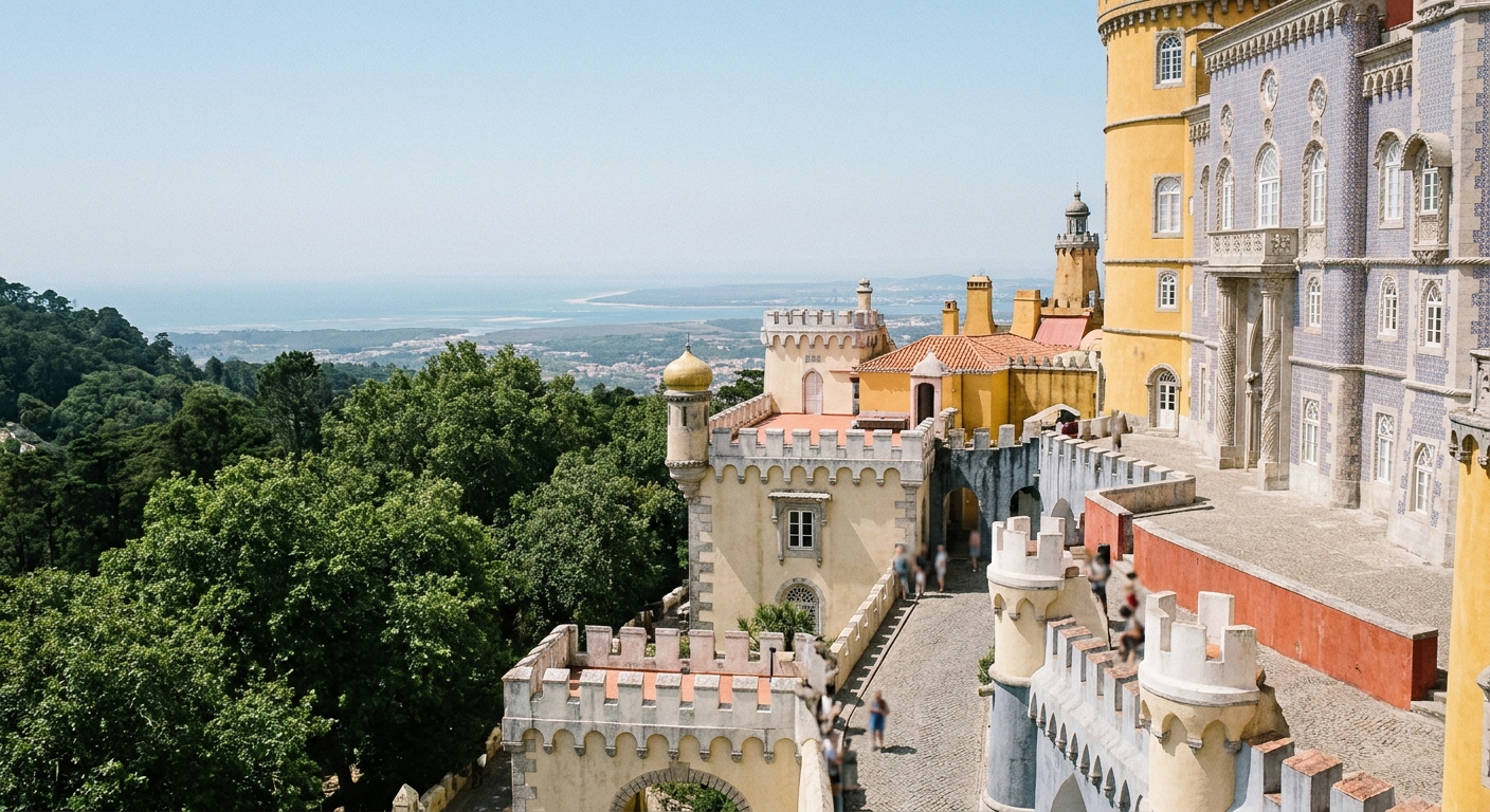 The colored towers and terraces of Pena Palace rising above wooded hills under a clear summer sky