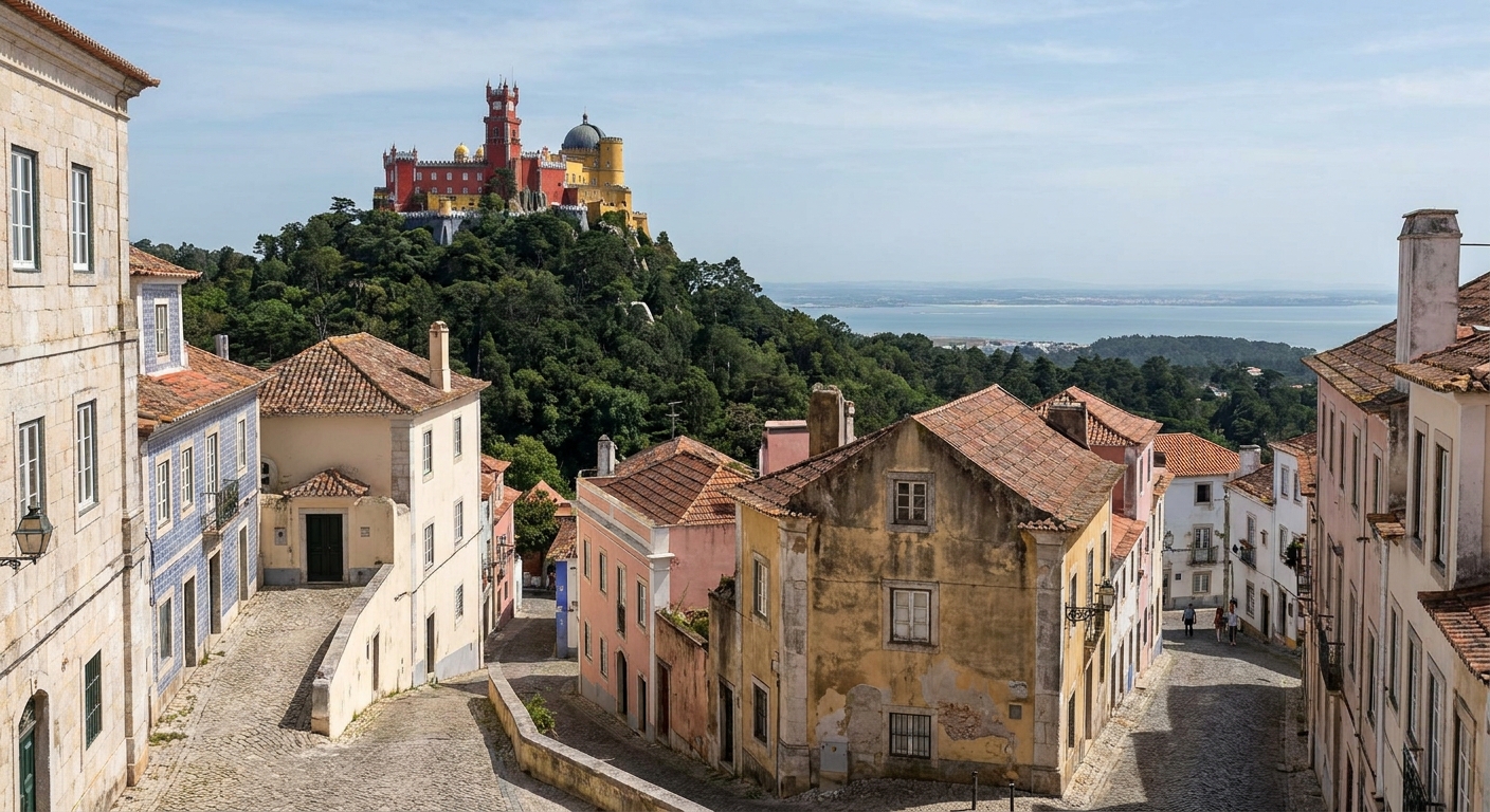 The red and yellow towers of Pena Palace rising above wooded hills in Sintra