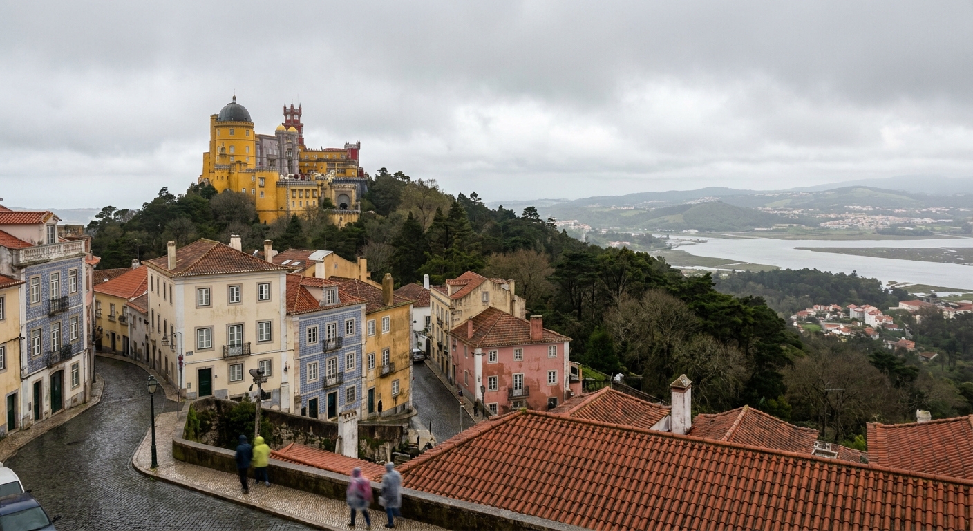 Yellow and red towers of Pena Palace rising above a wooded hillside under low gray cloud