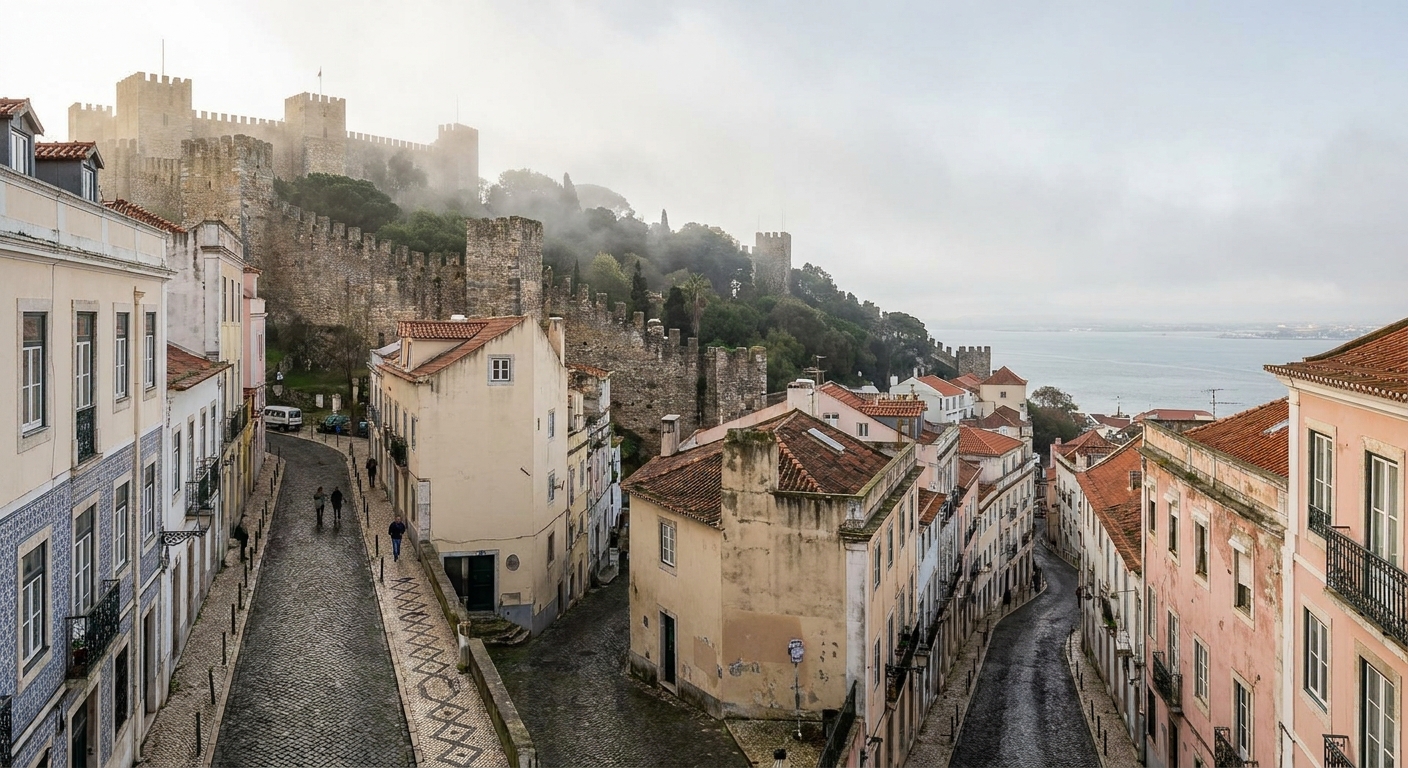 Stone ramparts of the Moorish Castle running along a wooded ridge in drifting mist