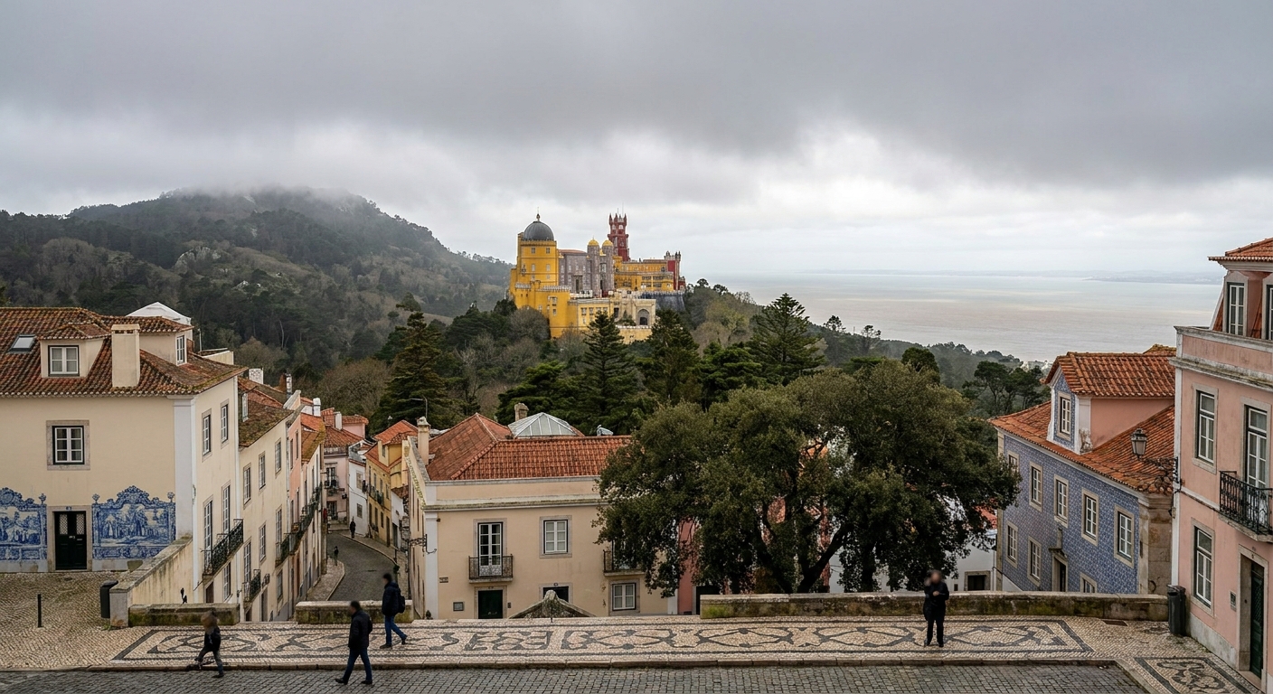 The yellow and red towers of Pena Palace rising above wooded hills under low cloud