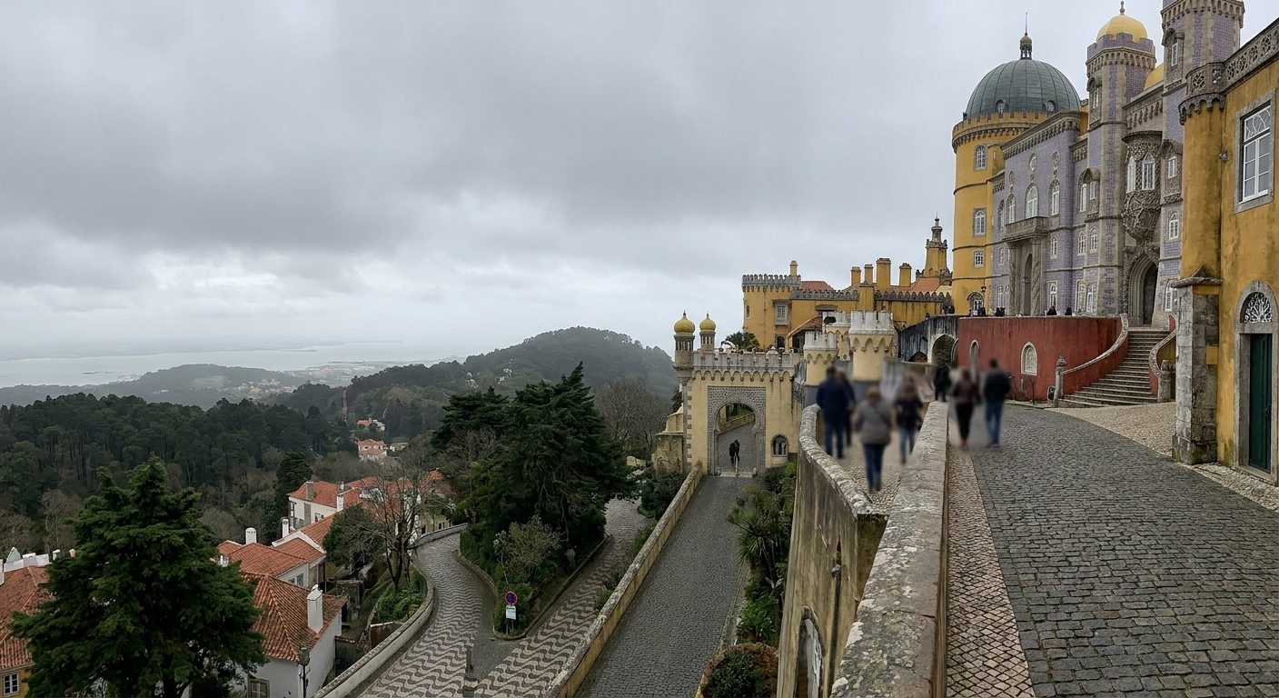 The colored towers and terraces of Pena Palace above wooded hills under low gray cloud
