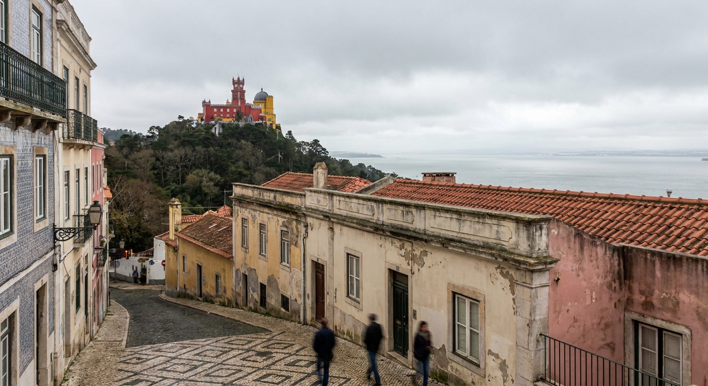 The red and yellow towers of Pena Palace rising above wooded hillside under low cloud