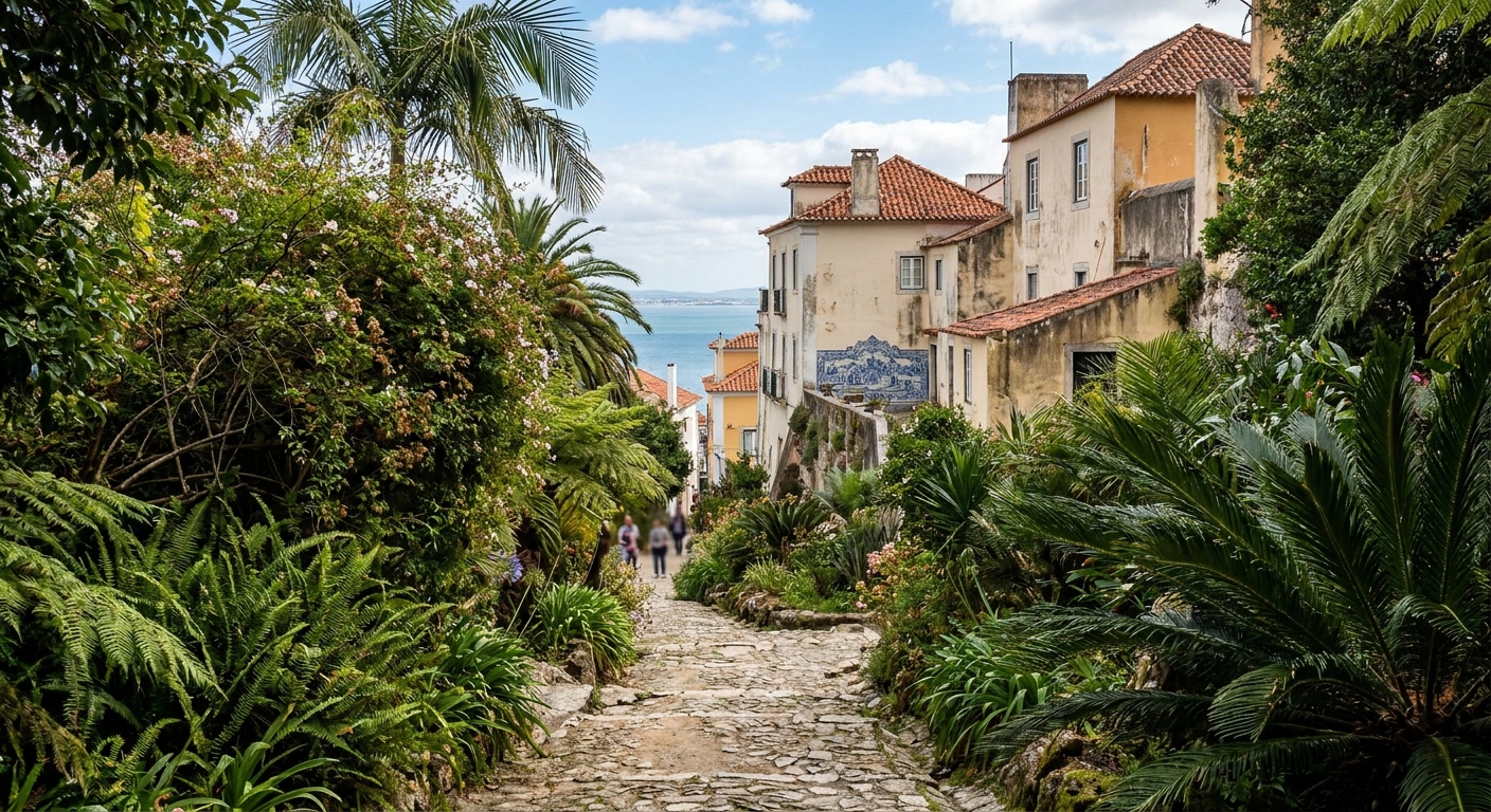 A stone path winding through dense subtropical planting in the gardens of Monserrate