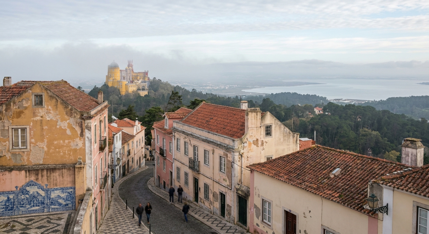 The yellow and red towers of Pena Palace rising above wooded hills under a thin layer of morning cloud