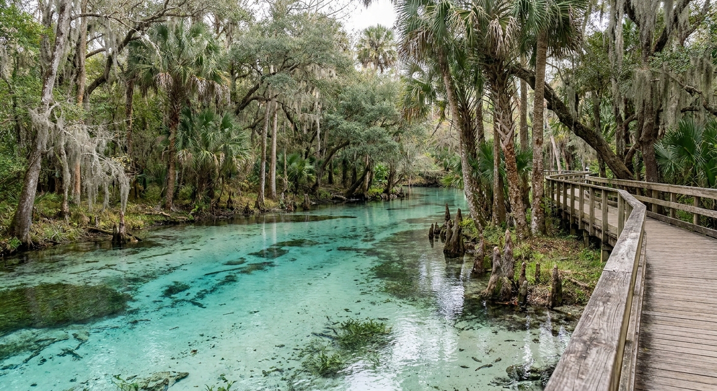Clear turquoise spring run over pale limestone with a wooden boardwalk along one bank
