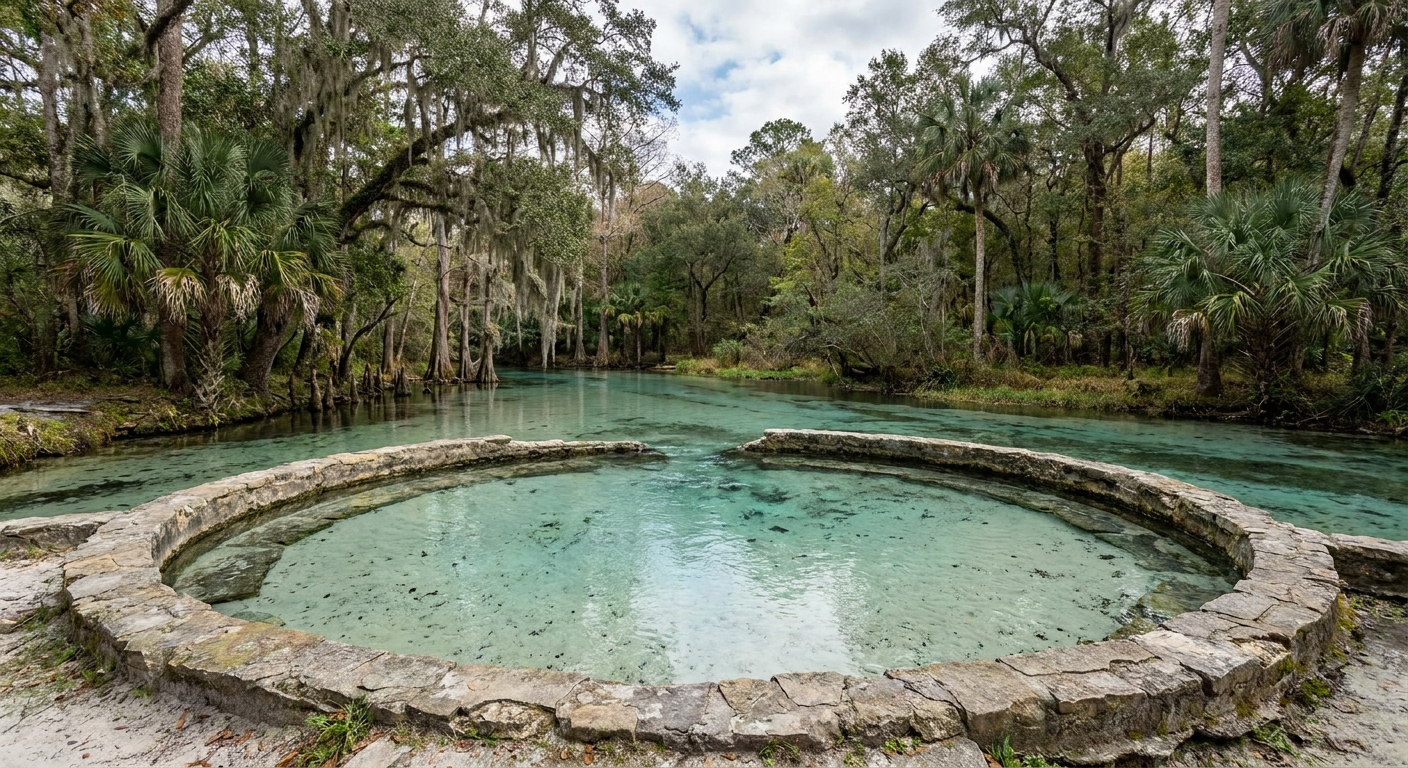 Clear spring water in a stone-edged swimming bowl surrounded by palms and oaks