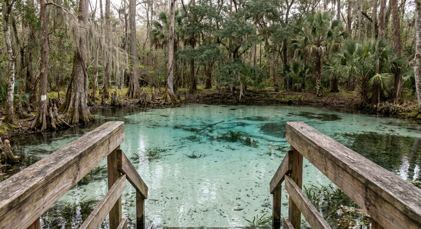 Clear spring water in a small basin with a wooden railing and cypress trees behind it