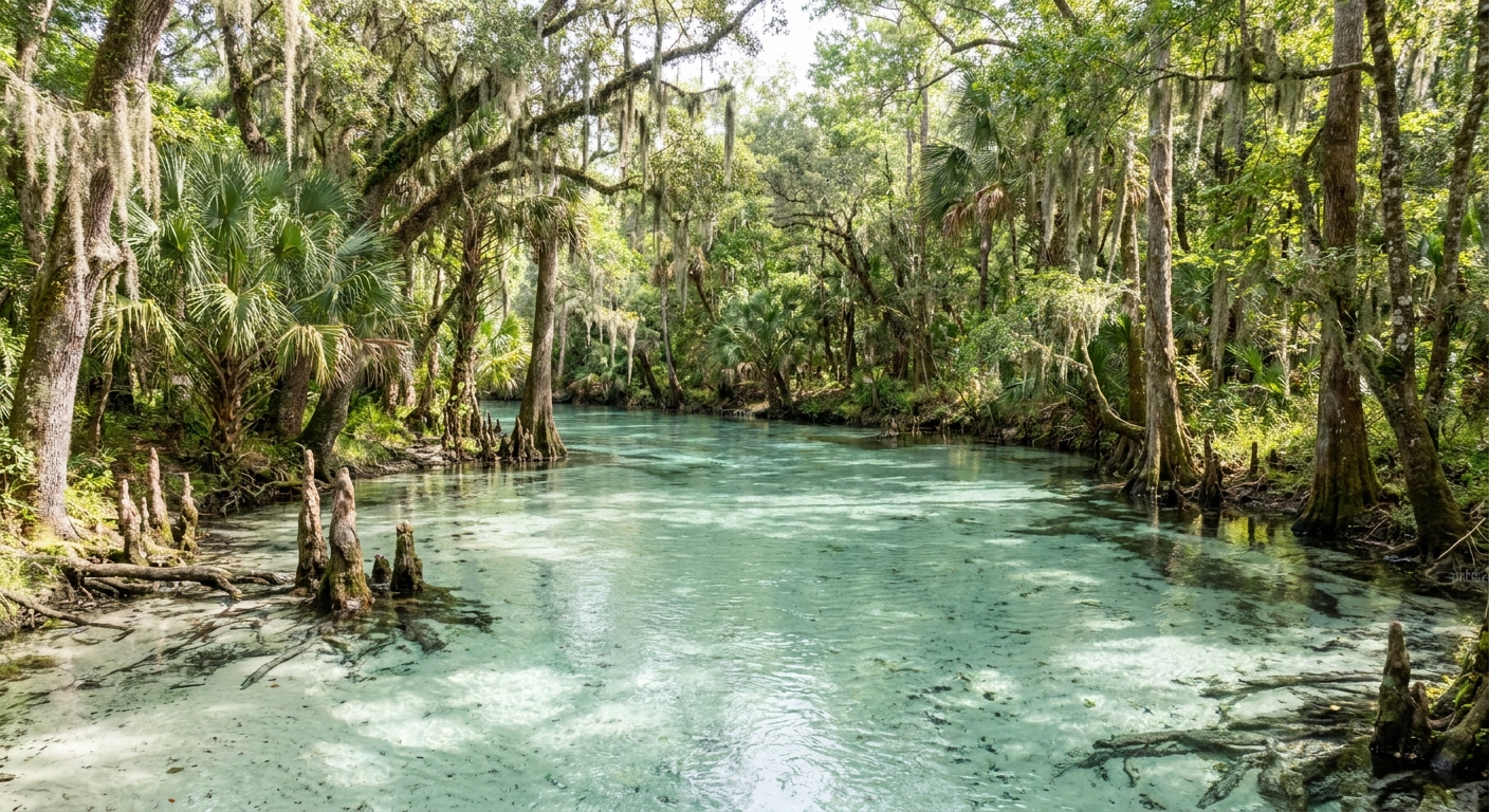 Clear blue spring water over pale sand with trees along the bank