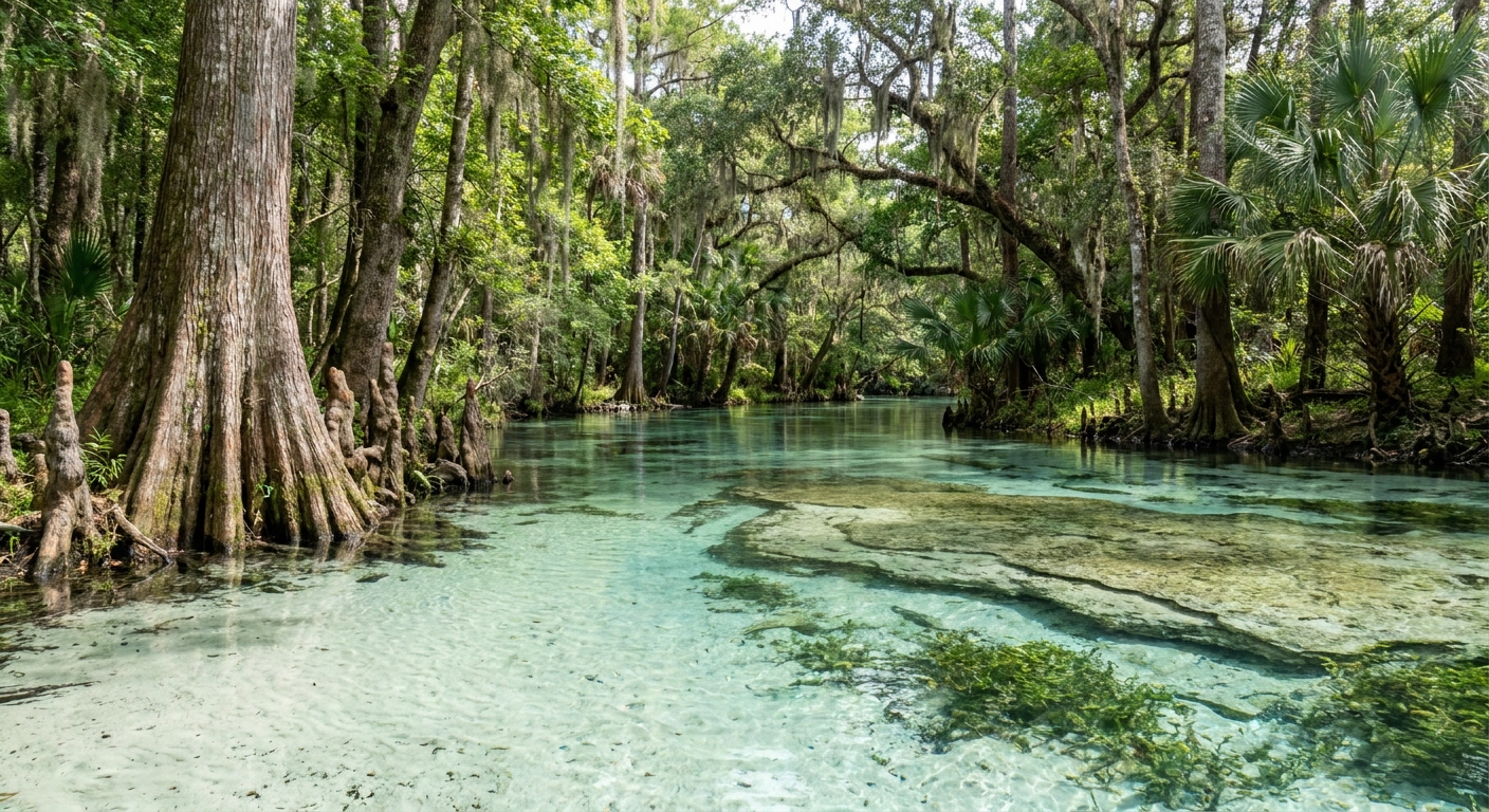 Clear turquoise spring water over white sand and limestone ledges, cypress trees along the bank