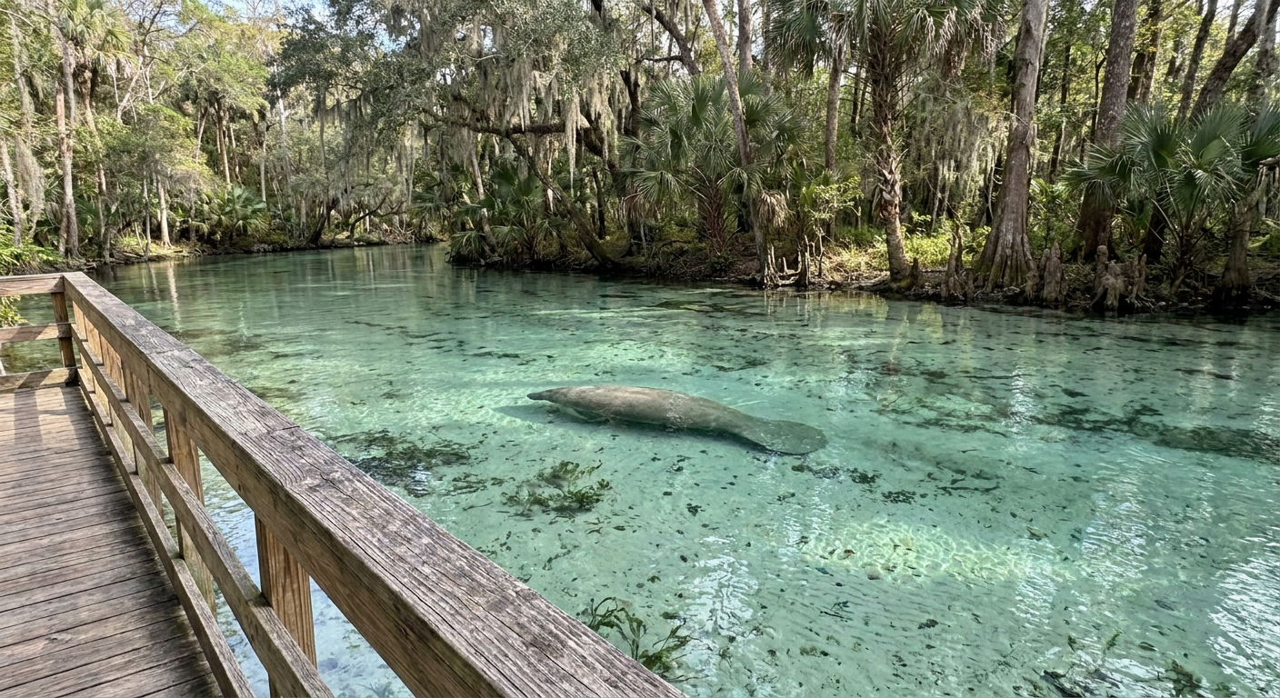 A manatee resting in clear spring water seen from a wooden boardwalk railing