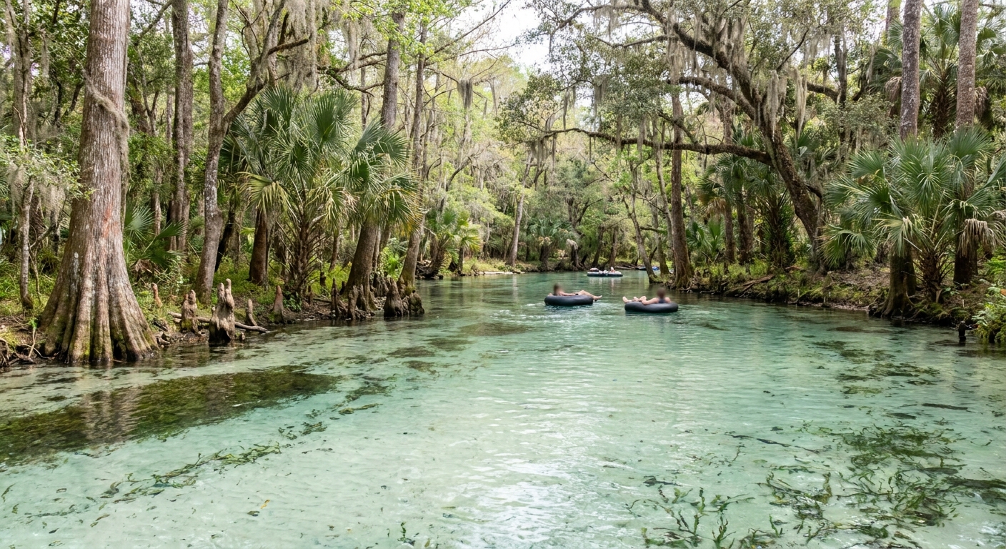 A clear spring-fed river lined with cypress trees, with inner tubes drifting downstream