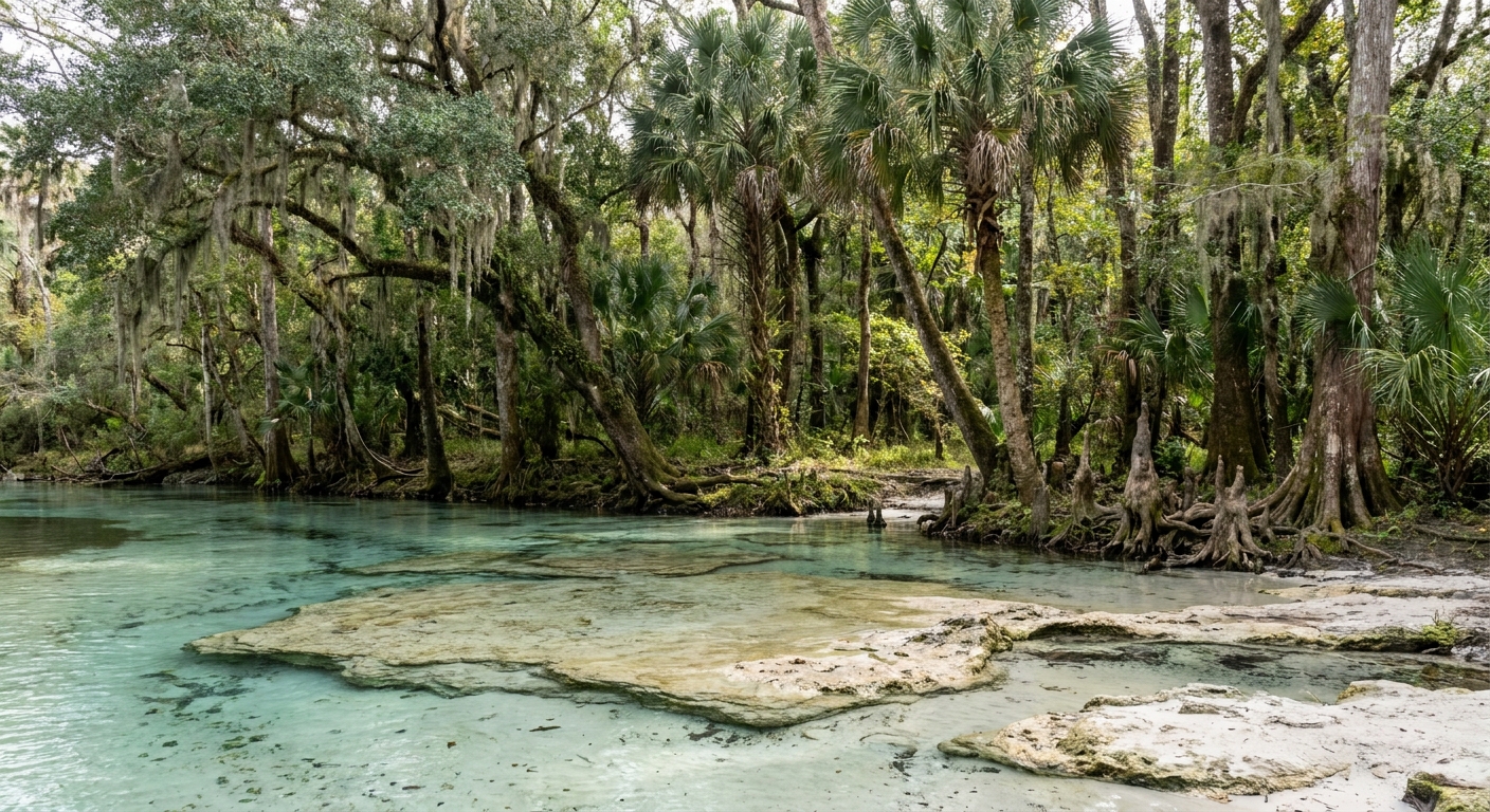 Clear spring water over pale limestone ledges at a wooded river bank in north Florida