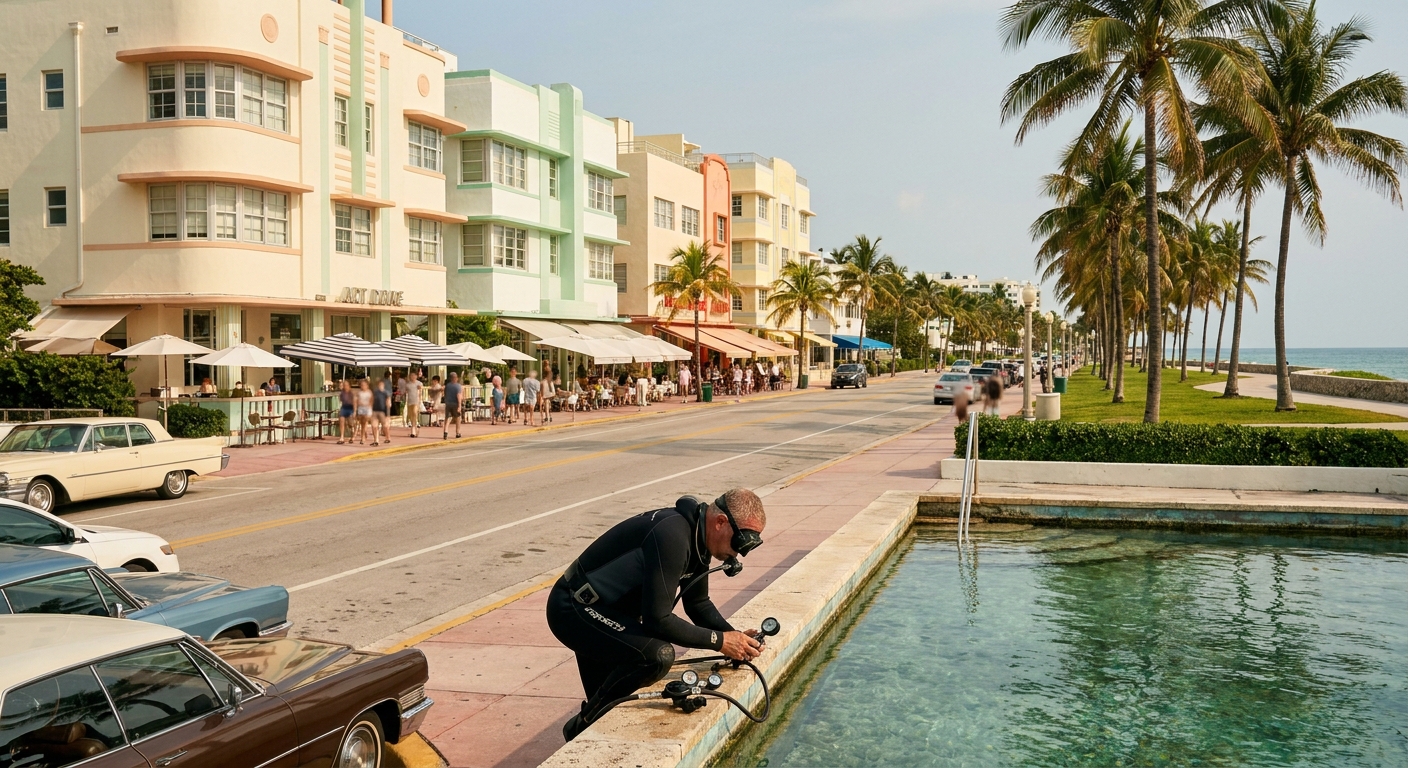 A diver in a wetsuit checking a regulator at the edge of a clear spring pool