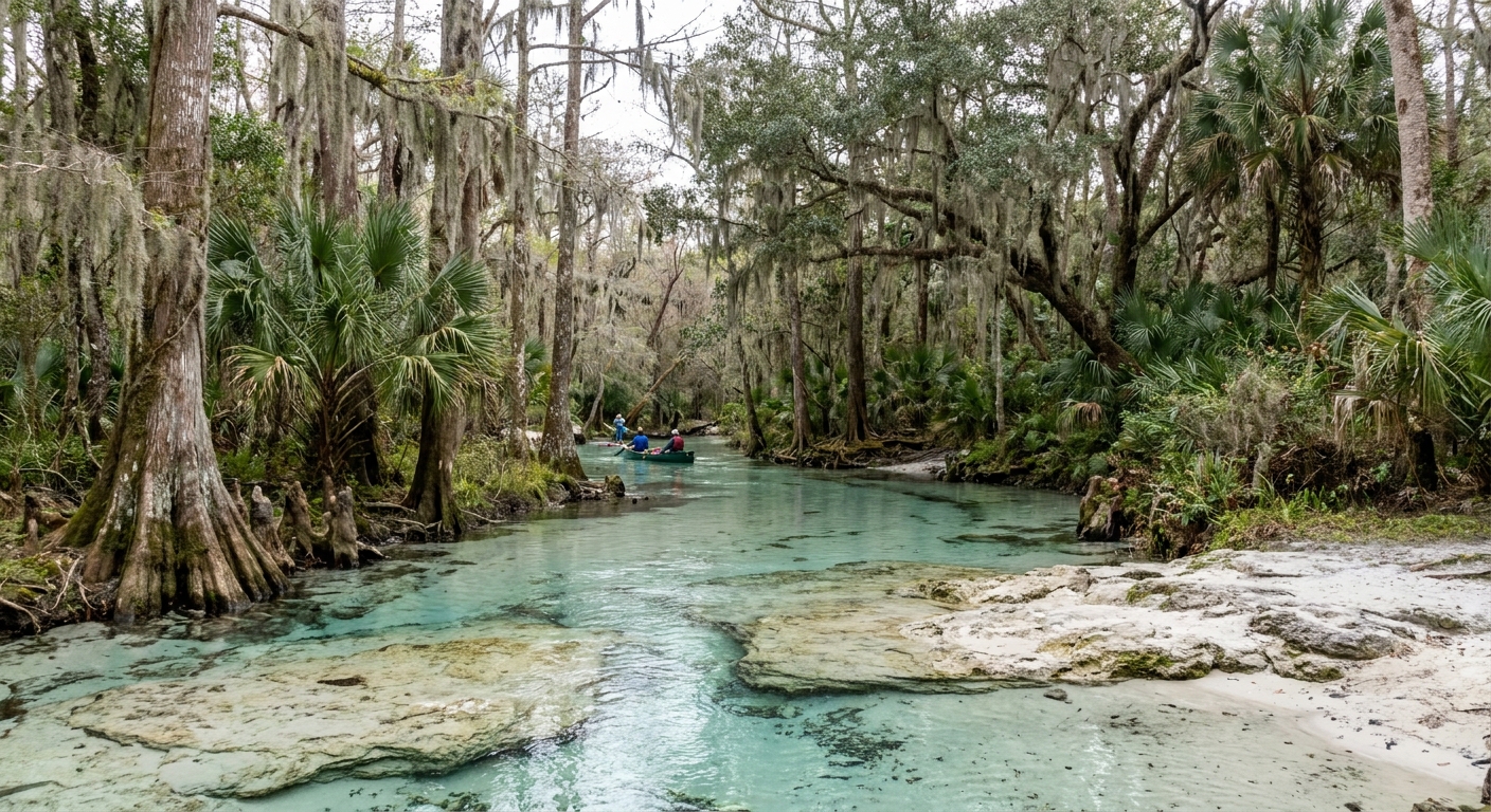 A clear spring run flowing over pale limestone between cypress trees in north Florida