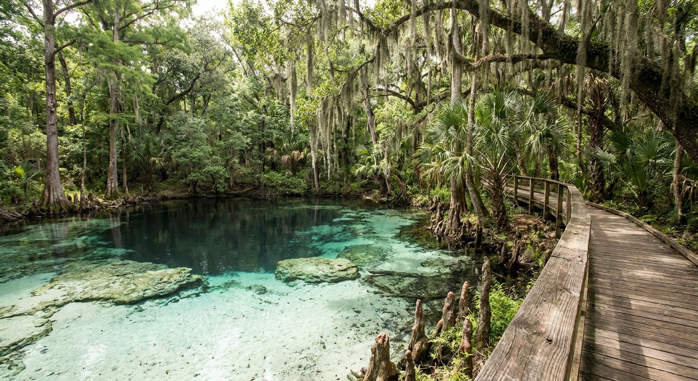 A dark, clear spring pool ringed by limestone and oak trees in north Florida, with a wooden boardwalk along one edge