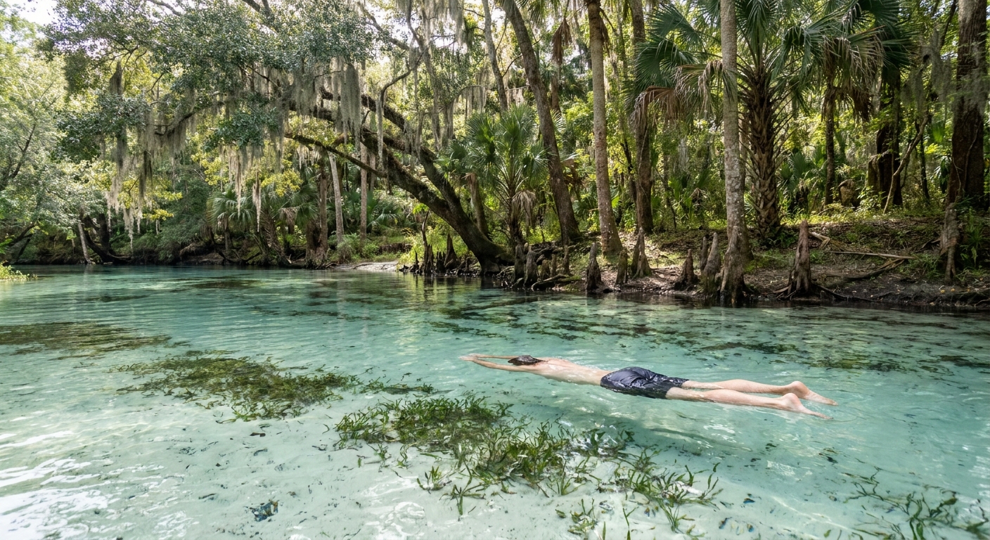 Clear shallow spring water over pale sand with submerged grass and a swimmer's legs