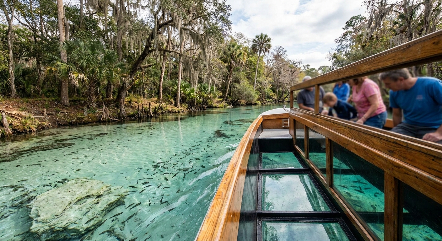 A glass-bottom boat on very clear spring water with pale limestone and fish visible below the surface