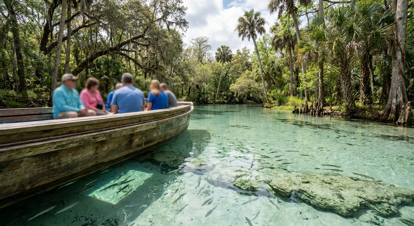 A clear spring pool with pale sand on the bottom, ringed by oaks and palms