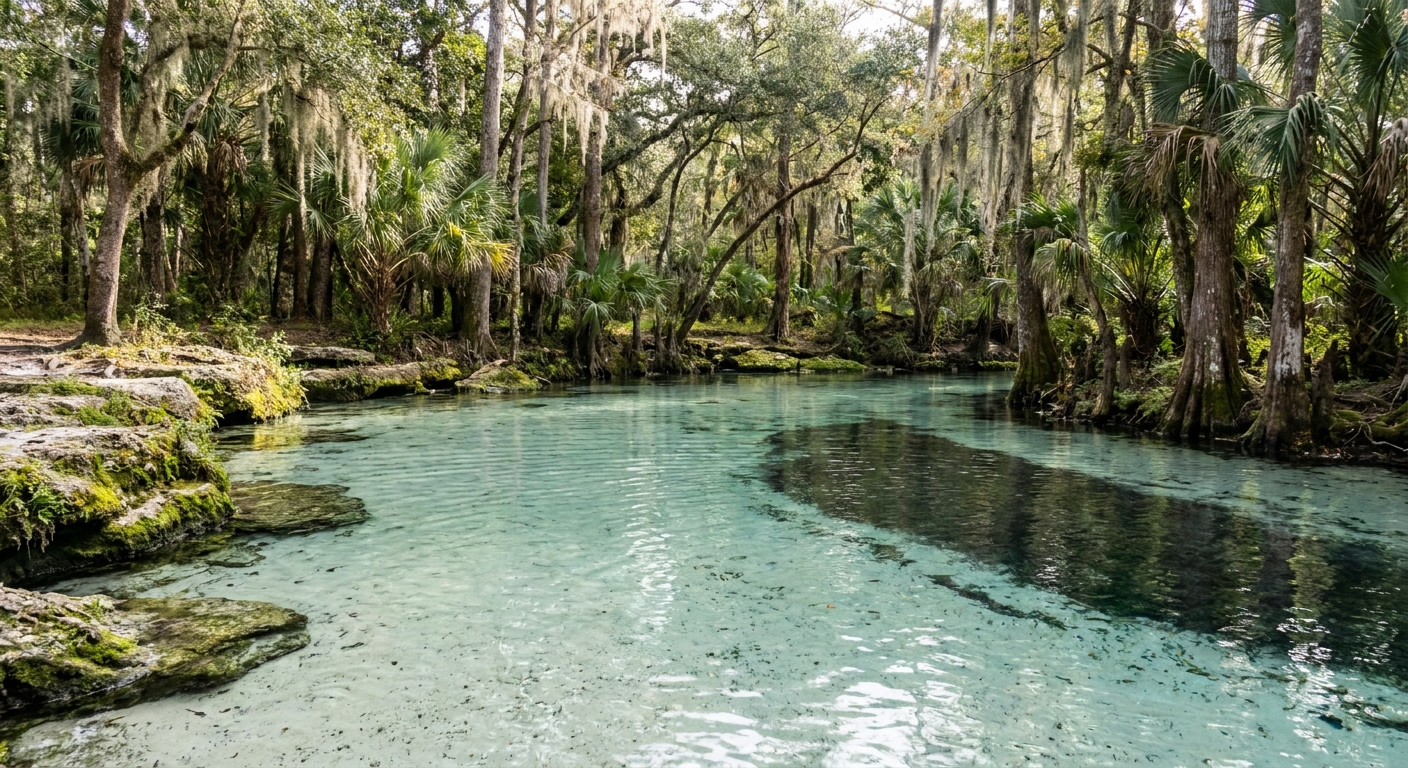 Clear blue-green spring pool with limestone edges and dark submerged slope under sunlight