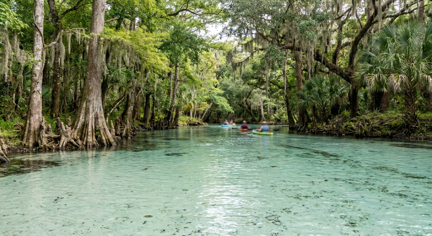 Clear spring water over a pale limestone bottom with cypress trees along the bank