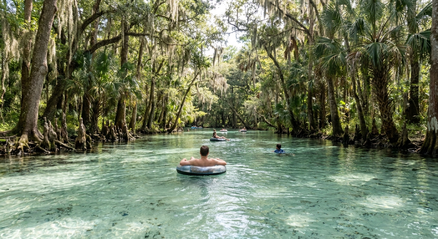 Swimmers floating in the clear blue water of a Florida mineral spring pool